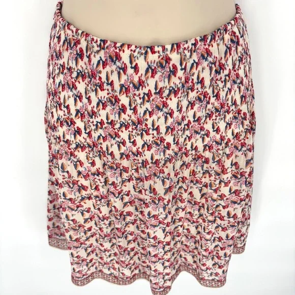 Max Studio Floral Smocked Midi Skirt Cream Red Blue Boho Sz L - Picture 2 of 6